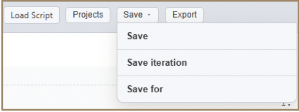 Save dropdown menu showing Save, Save Iteration, and Save For options